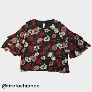 Lucca Dark Floral Chic Ruffle Sleeve Blouse Black Pink Red XL